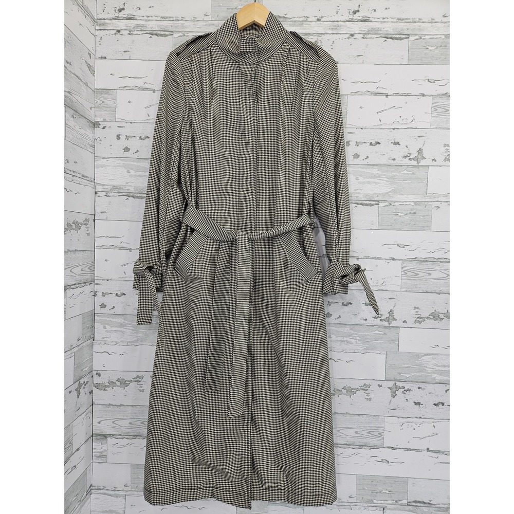 H&M Womens Houndstooth Funnel Neck Trench Coat Black White Belted Size 6